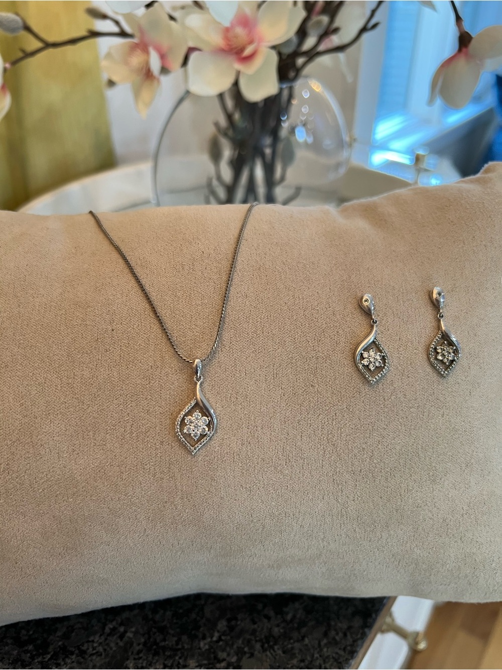 Delicate Silver Floral Pendant Necklace with Matching Earrings - **Not 925
